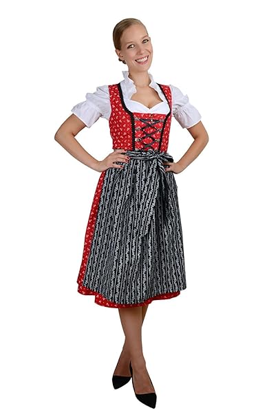 Edelnice 3-teiliges Midi Dirndl rot schwarz mit hübschen weißen Streublümchen inkl. Schürze und Dirndlbluse Gr. 32-58