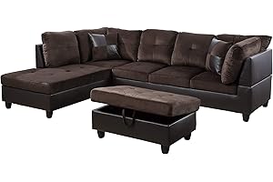 AYCP 3-Piece Contemporary Sectional Sofa with Chaise and Storage Ottoman for Living Room Furniture | Faux Leather & Microfiber Upholstery|Removable High Density Memory Foam Cushions (Chocolate,Left-facing)