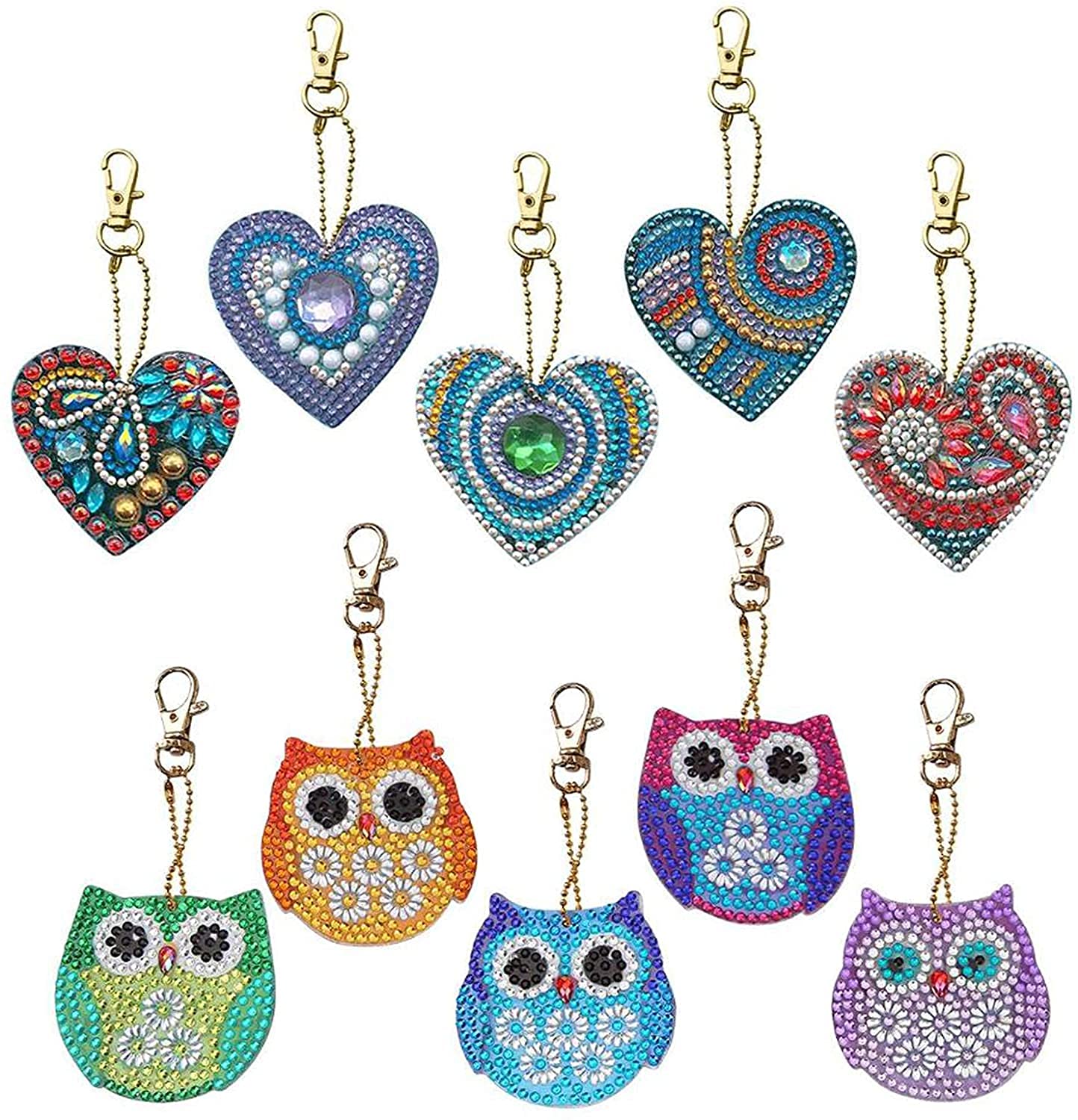 VEGCOO 10 Pcs DIY Diamond Painting Keychains, Love Heart & Owl Diamond Painting Keyrings for Women Girls Kids DIY Art Crafts, 5D Diamond Art Painting Charms Pendants for Keys Bags Purse Handbag (A)