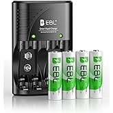 EBL 4-Bay Battery Charger for AA & AAA Rechargeable Batteries with Rechargeable AA NiMh Batteries, 4 Count, Battery Charger with Foldable Wall Plug