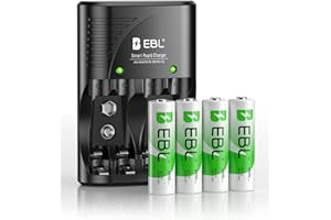 EBL 4-Bay Battery Charger for AA & AAA Rechargeable Batteries with Rechargeable AA NiMh Batteries, 4 Count, Battery Charger with Foldable Wall Plug