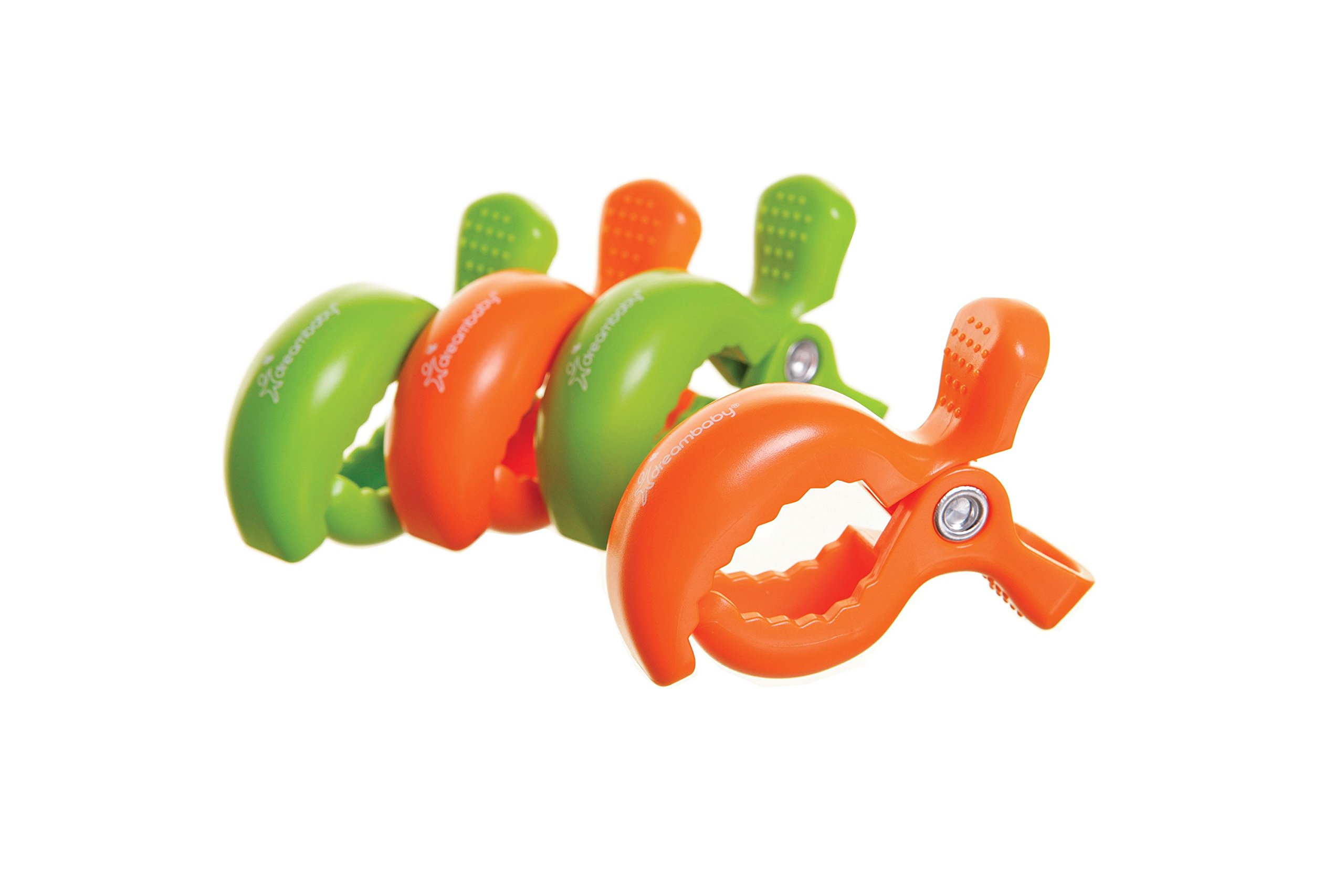 Dreambaby Strollerbuddy Baby Stroller Pram Clips - Strong & Wide Grip Hold Pegs - for Pushchairs blakets & Shades - 4 Pack - Green/Orange - Model F2217