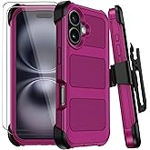 for iPhone 16 Plus Case with Belt Clip Holster,Anti-Drop Shockproof Bumper Phone Cases with 2X Screen Protectors & Kickstand,Rugged Heavy Duty Military Grade Protective Defender Cover (Burgundy)