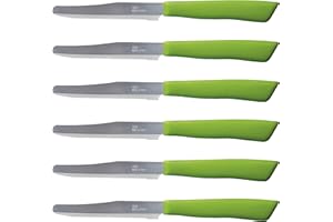 Tredoni 6 Kitchen Knives - 4.3"/11cm Italian Stainless Steel Serrated Vegetable/Steak/Table Knife Cutlery, Rounded Tip (Green
