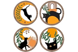 XFN 4PCs 3D Boho Cat Hanging Wooden Wall Art Wall Decor, Botanical Wall Decor Bohemian Decor, Cat Lover Gifts, Wooden Sign Wood Art Wood Plaque Home Decor for Living Room Bedroom Farmhouse Kitchen