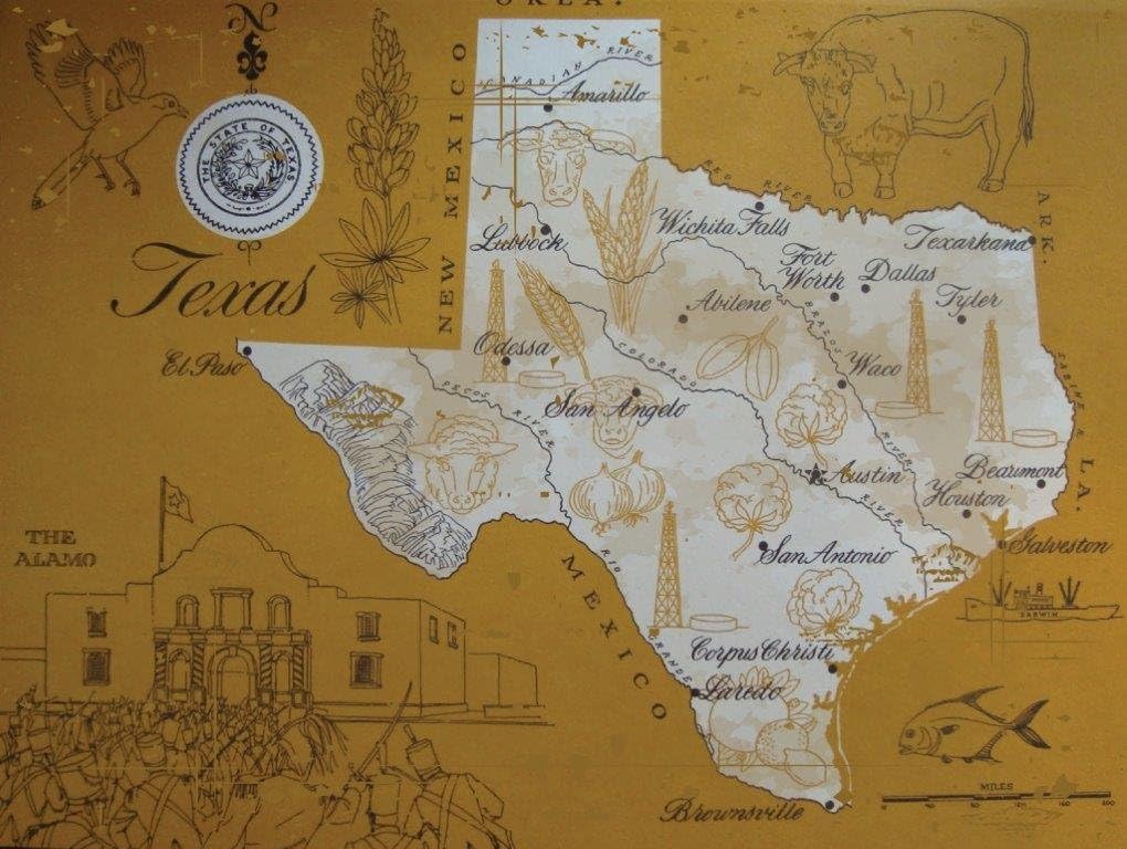Texas Map Metal Sign, Vintage Travel Postcard Highlighting Traditional American Destinations