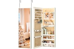 LUXFURNI Mirror Jewelry Armoire Cabinet with lights, LED Jewelry Cabinet Organizer with mirror Door Hanging or Wall Mounted, Lockable Mirror with Storage, Interior Mirror, White