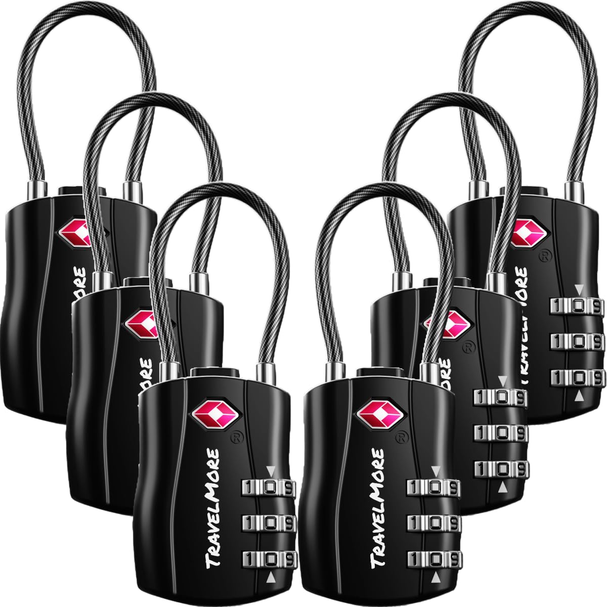6-Pack TSA Approved Travel Combination Cable Luggage Locks for Suitcases & Backpacks | TSA Locks | Luggage Locks | Black