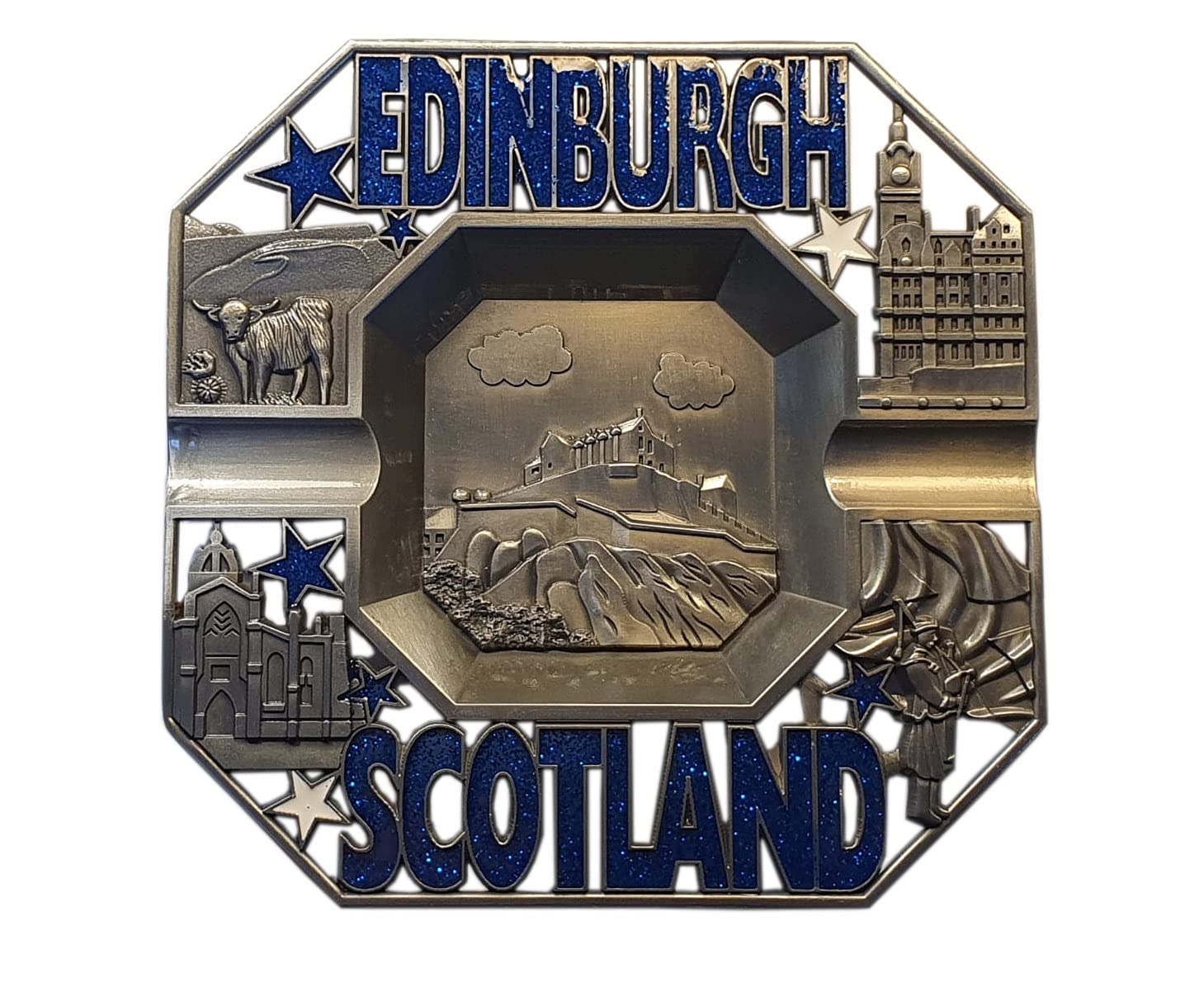 Edinburgh Scotland Metal Ashtray - Castle/Scottish Piper/Highland Cattle/Words in Blue Letters/Souvenir