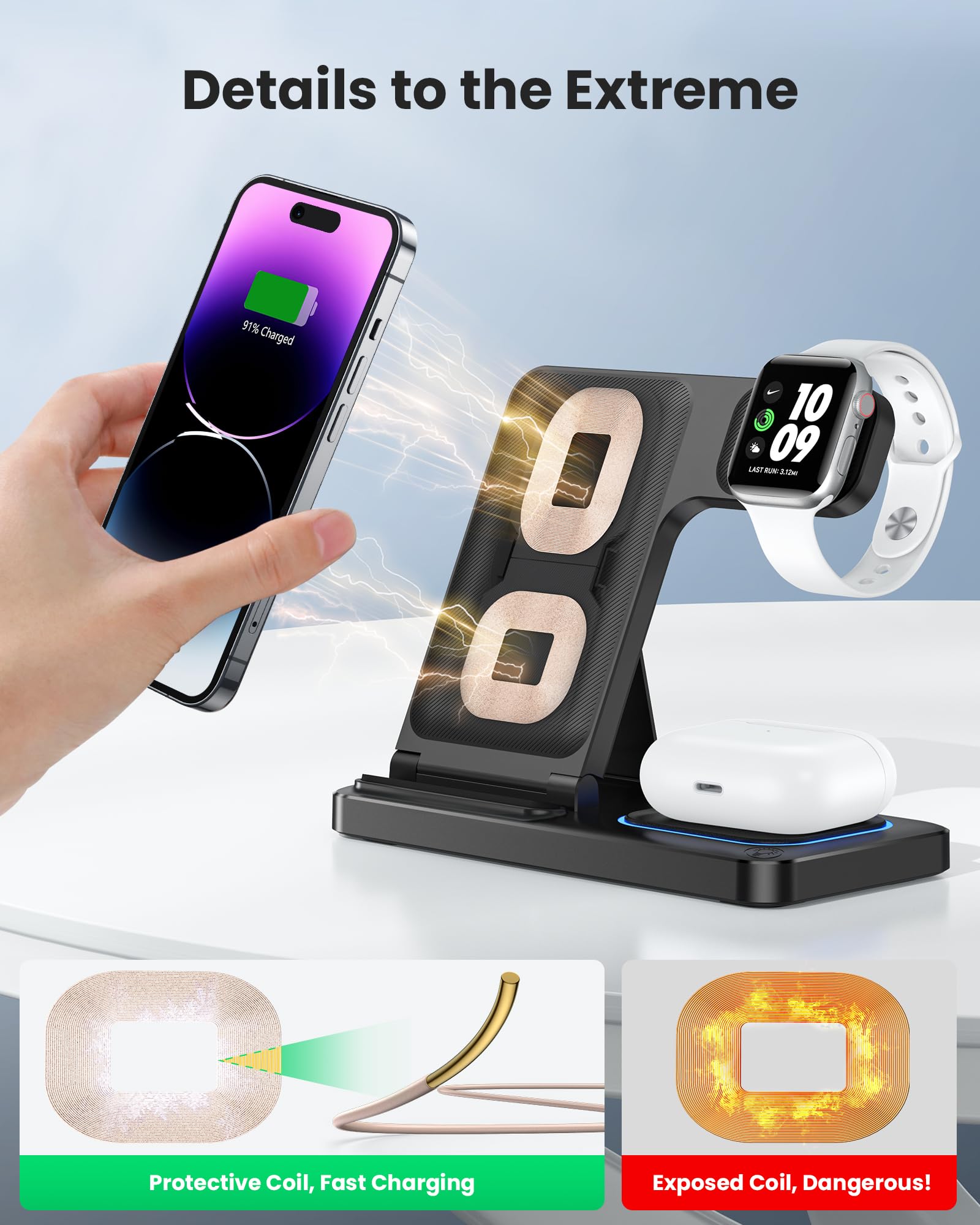 DUMTERR 3 in 1 Wireless Charger for iPhone 16/15/14/13/12,Wireless Charging Station for Apple Devices, Charging Stand for Apple Watch Series 10, for AirPods 4 (Black)