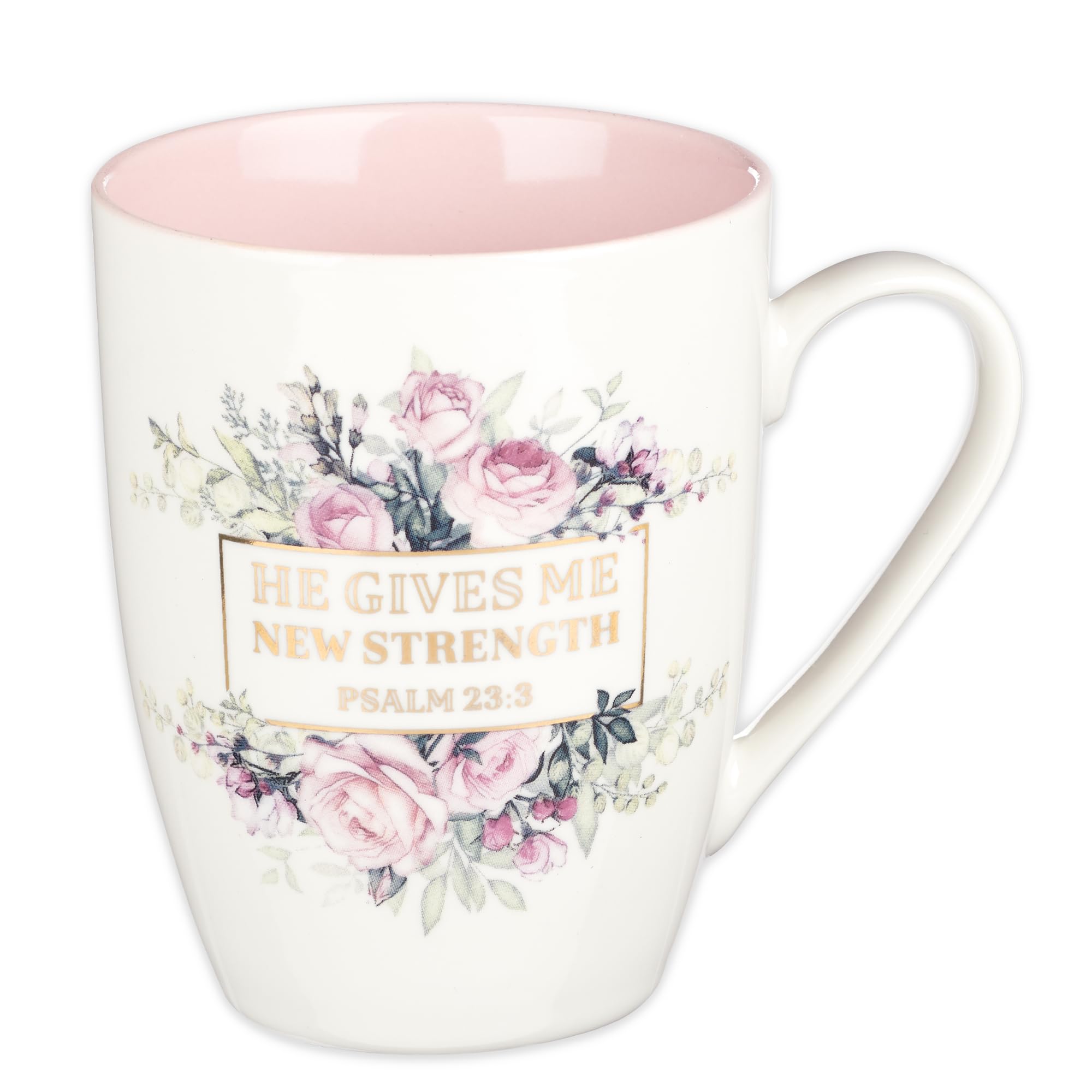 Photo 1 of Christian Art Gifts Encouraging Golden Scripture Ceramic Coffee & Tea Mug for Women: He Gives Me New Strength Inspirational Psalm Bible Verse, Cadmium/Lead-free Novelty Cup, White/Pink Floral, 12 oz.