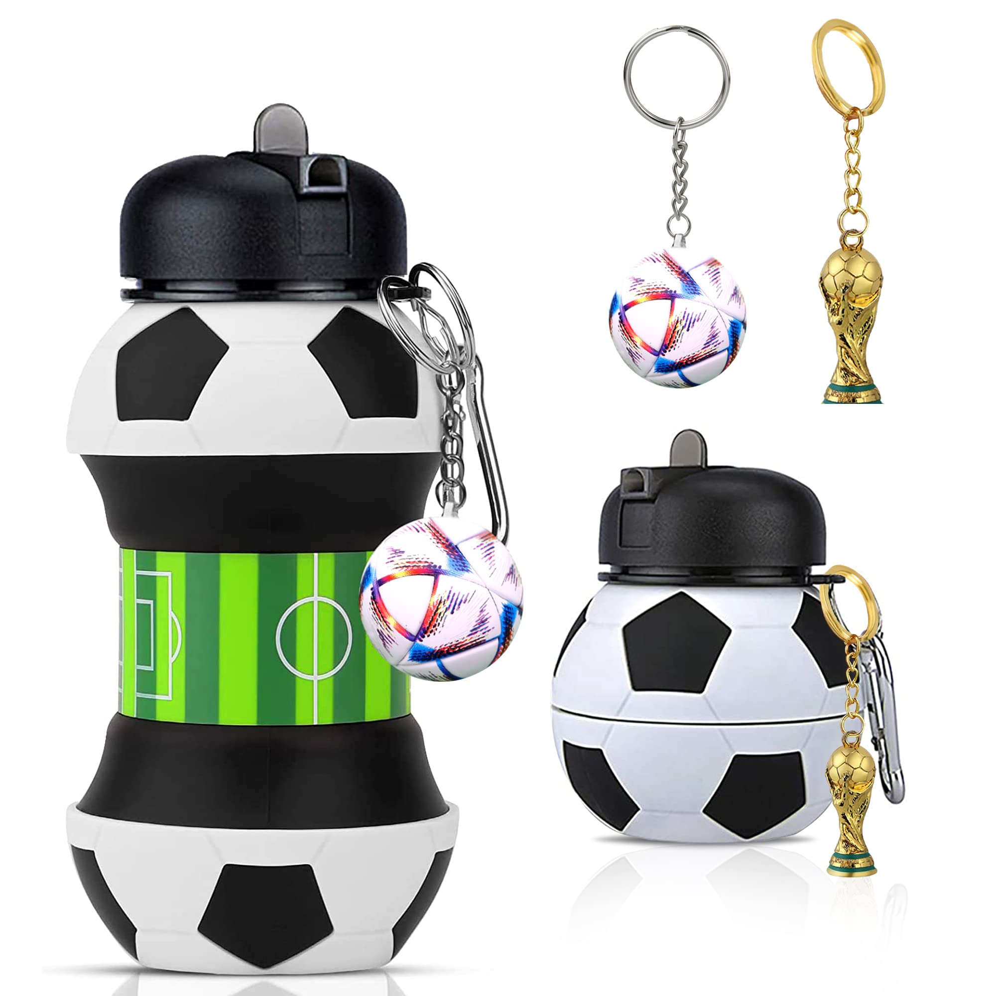 Kids Collapsible Football Water Bottle - World Cup Trophy & Soccer Shape Keyring, BPA-Free 550ml / 19oz - Silicone Foldable Sports Water Bottle - Perfect for School | Incredible Gift for Kids
