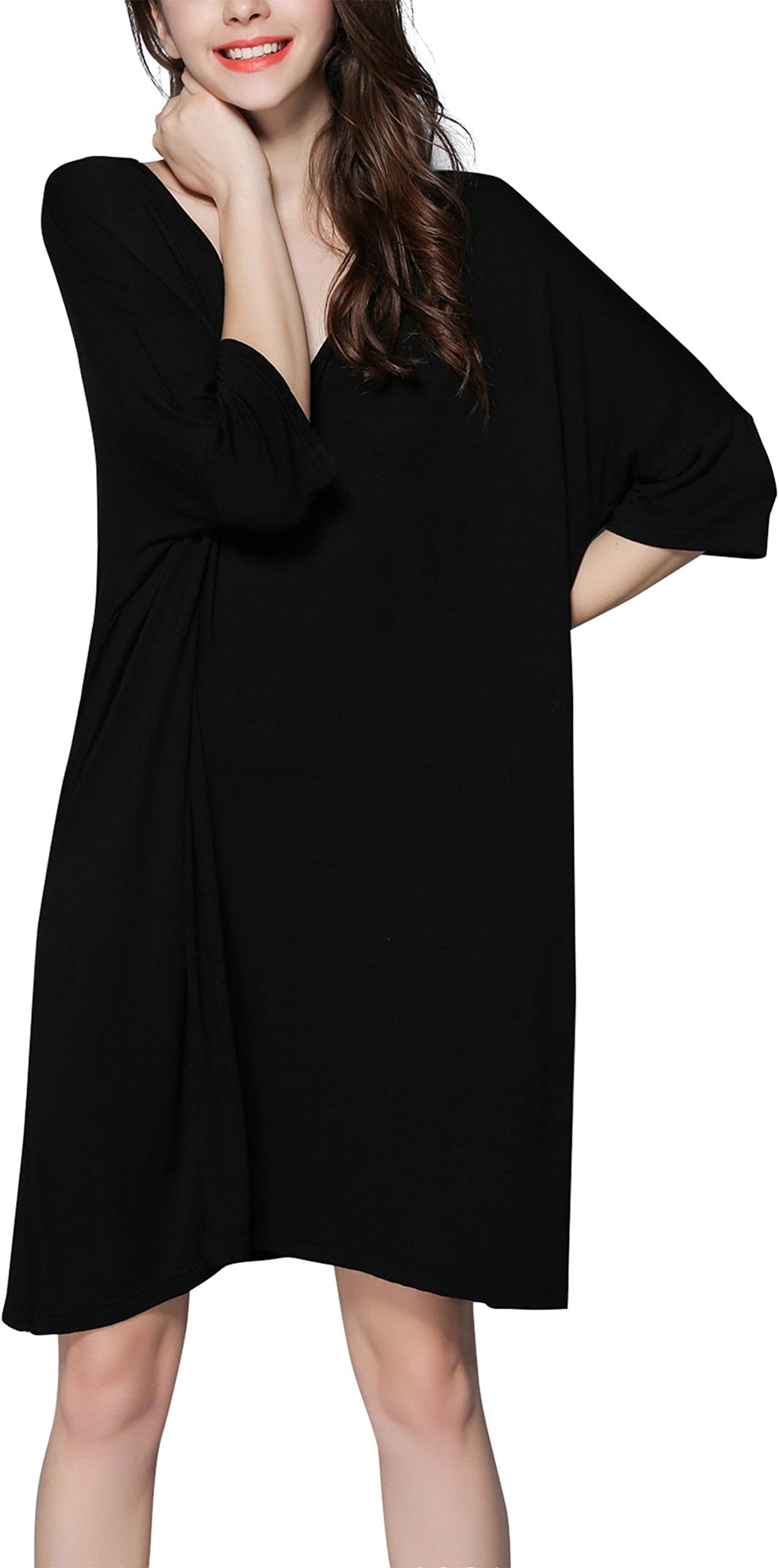 Women T-Shirt Dress V-Neck Dress Plus Size Loose Sleepwear Nightwear Black, US Small