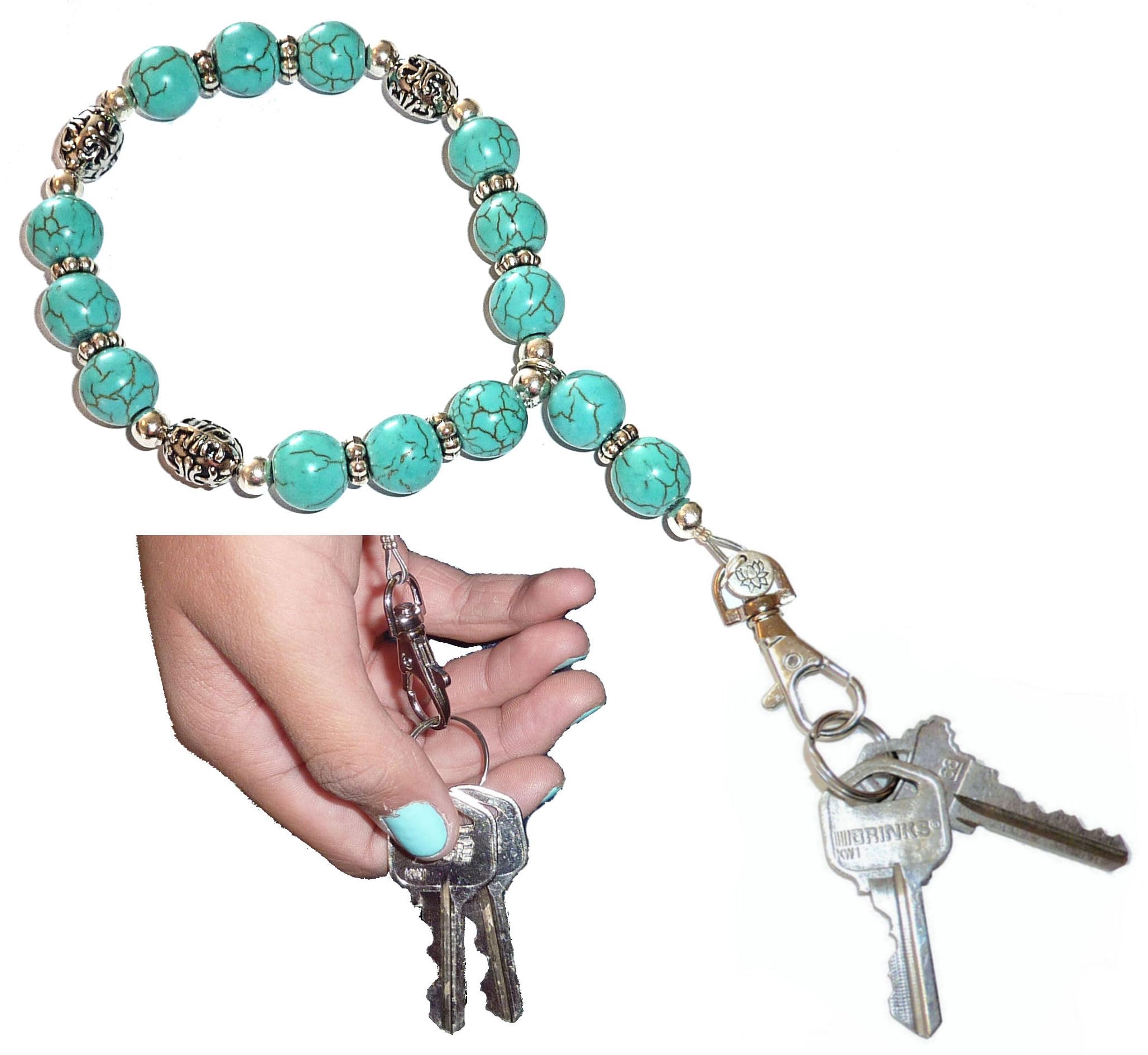 Hidden Hollow Beads Wrist Lanyard, Beaded Women's Wristlet, Bracelet, Jewelry, Keys, Phone, Keychain Bracelet, Strong (Turquoise)