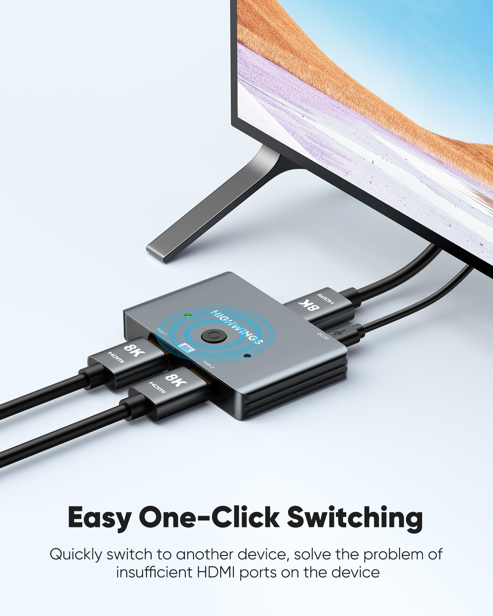 HDMI 2.1 Switch 8K HDMI Splitter, Highwings [Upgrade, Bidirectional] 4K@120Hz HDMI Switcher 2 in 1 Out Supports 8K@60Hz, Aluminum HDMI Switch Selector for PS4/PS5 Xbox Roku Apple TV Fire Stick Sony TV