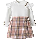 Fernvia Toddler Girl Fall Winter Clothes Ruffles Long Sleeve Shirt and Plaid Shorts Skirt Kids Little Girl 2Pcs Outfits Set