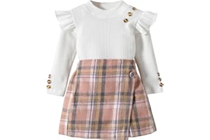 Fernvia Toddler Girl Fall Winter Clothes Ruffles Long Sleeve Shirt and Plaid Shorts Skirt Kids Little Girl 2Pcs Outfits Set