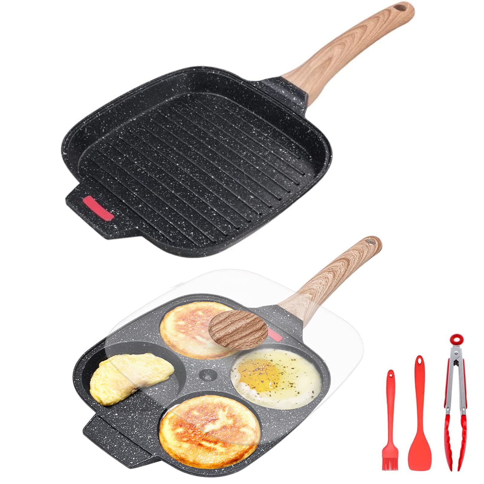 Bobikuke-Juego-de-2-Sartenes-Sarten-Huevos-Poche-de-4-Tazas-Grill-Asador-con-Rayas-con-Tapa-Aluminio-Fundido