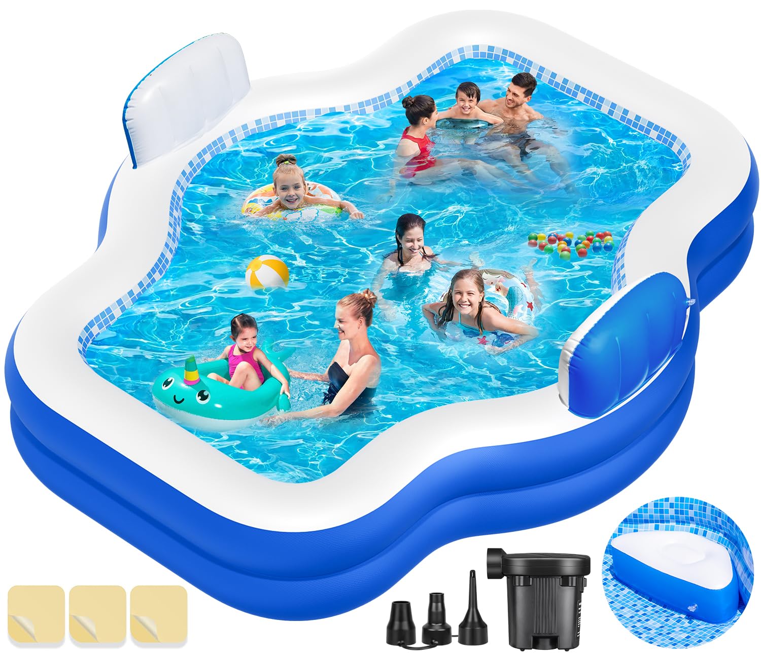Photo 1 of Large Inflatable Swimming Pool for Kids Adults, 121" X 90" X 22" Oversized Thickened Kiddie Pools Family Blow-Up Pool with Pump Seat, Inflatable Pools for Garden, Backyard, Indoor Outdoor Water Party