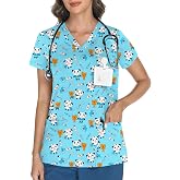 LOMON Women's V Neck Printed Scrub Top with 3 Pockets | Soft Knit Strectchy Scrub Shirts, Short Sleeve Pattern Cartoon Fun Scrubs Nurse Uniform