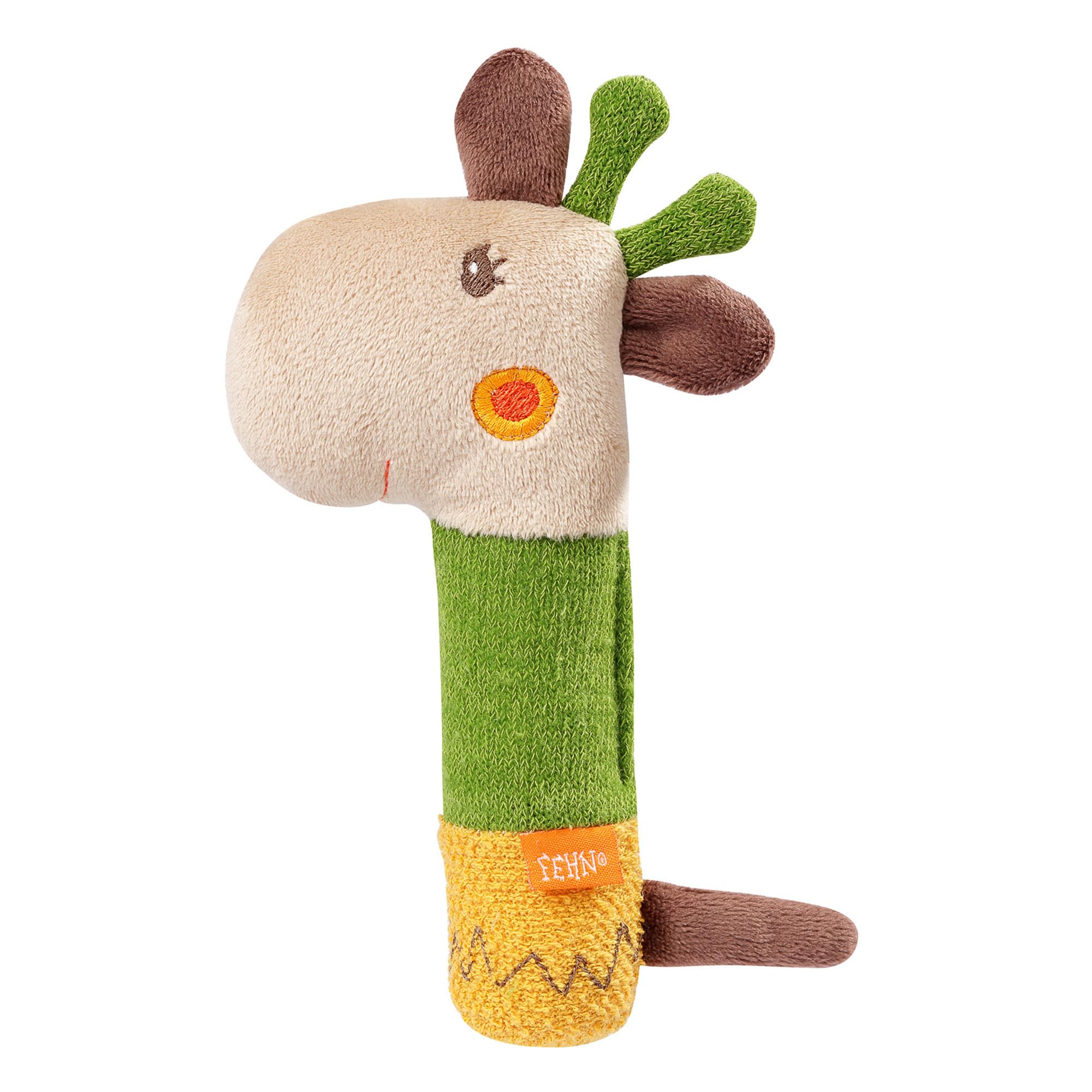 Fehn 059120 Giraffe Grip Toy for Rattling, Squeaking, Feeling, Playing with Cuddly Soft Fabric Animal, Multi-Coloured