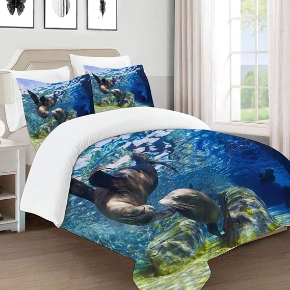 COLTEMC Duvet Cover Set-Bedding,Blue Seal Playful California Sea Lions