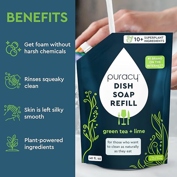 PURACY NATURAL DISH SOAP REFILL, SKIN-SOFTENING PLANT-BASED LIQUID DISHWASHING DETERGENT SOAP, CLEAN-RINSING WATER-SHEETING FORMULA, (GREEN TEA AND LIME 48 OZ)