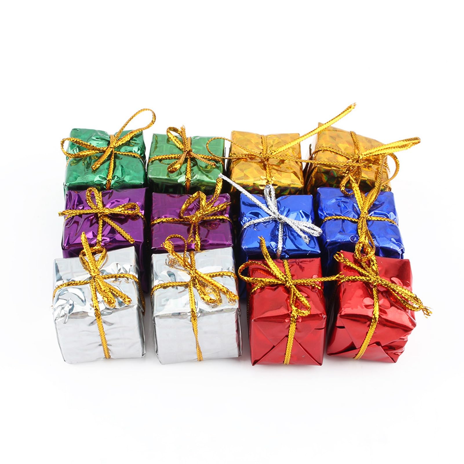 12pcs Gift Box Christmas Ornaments 2.5cm Mini Wrapped Present Boxes Miniature Foil Ornaments Decoration Boxes Assorted Colors for Christmas Tree Hanging Decorations