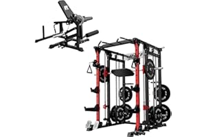 RitFit Smith Machine Power Cage with LAT Pulldown & Cable Crossover, All-in-One Power Rack Home Gym System with Leg Press Attachment & Accessories