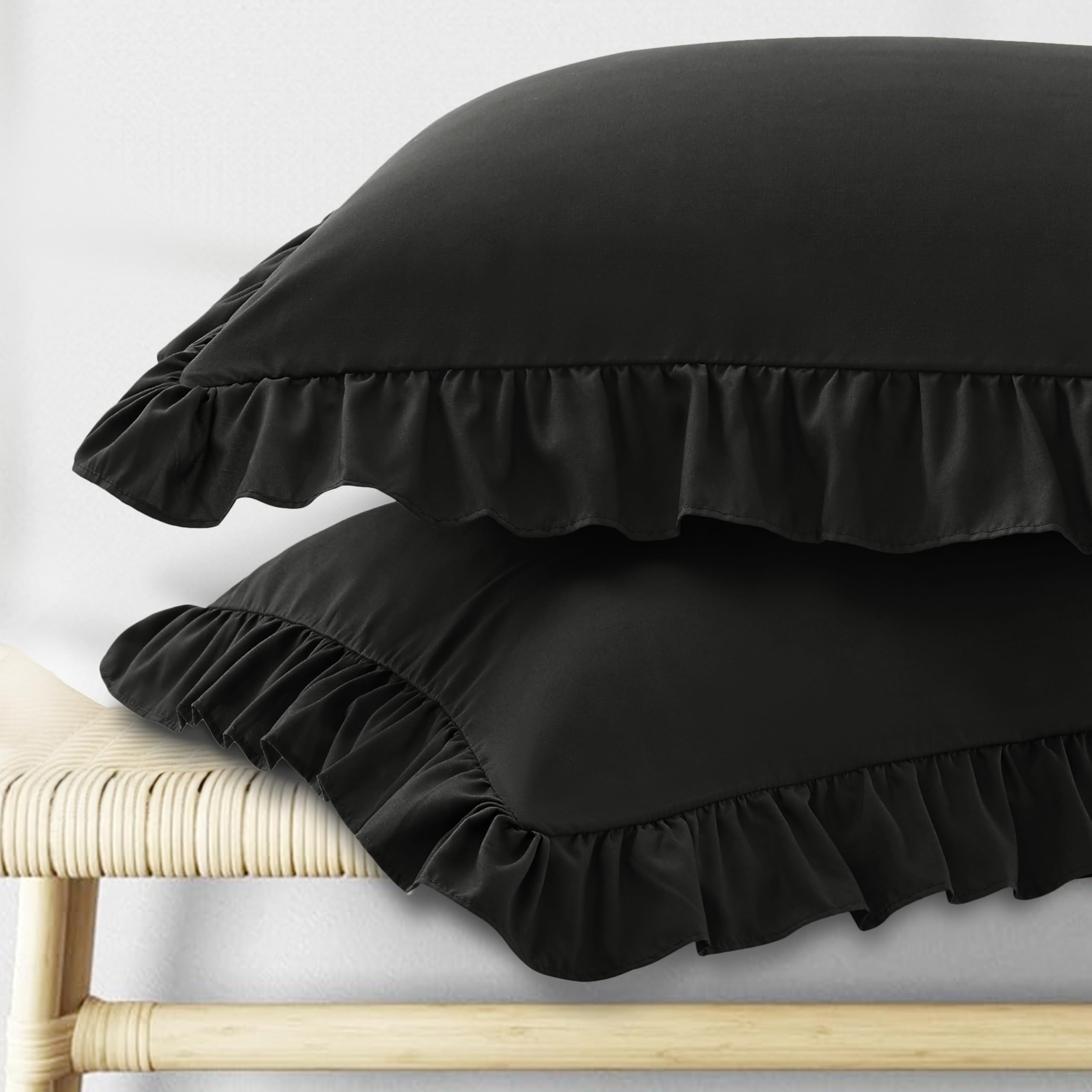 Photo 1 of KKJIAF Ruffle Pillow Cases King Size Set of 2, Ruffled Pillow Covers with Envelope Closure, Wrinkle Resistant Pillowcases 20" x 36", Ruffled Pillow Shams, Black