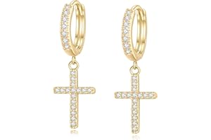 ME&HZ 14K Gold Plated Drop Dangle Cross Hoop Earrings Trendy Gold Cross Earrings for Women Small CZ Huggie Hoops Dangling Diamond Cross Earrings for Men Hypoallergenic Lightweight