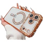 TETAW Cute for iPhone 17 Pro Max Magnetic Glitter Case,Luxury Bling Rhinestone Diamond Plated Bumper Case,Compatible with MagSafe,Sparkle Camera Lens Protection Clear Cover for Women Girls(Orange)