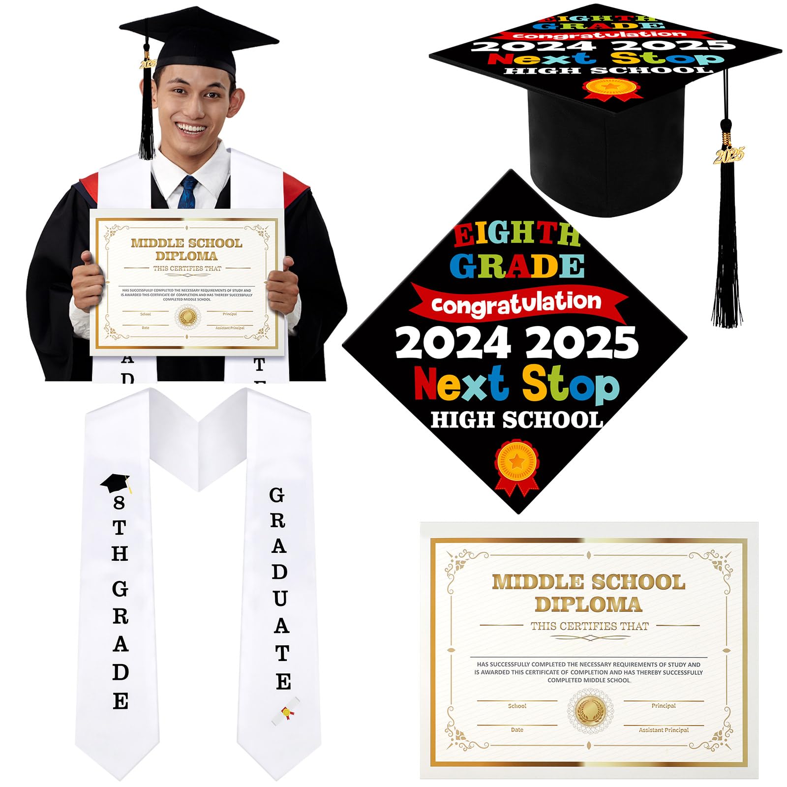 Photo 1 of JaGely 3 Pcs 8th Grade Graduation Set Class of 2025 Graduation Cap and Stole Sash with Diploma Certificates Set for Middle School Students Supplies Teachers Parents Gifts