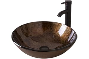 wonline Bathroom Artistic Round Tempered Glass Vessel Sink with Oil Rubbed Bronze Faucet & Pop-up Drain Combo