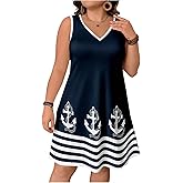 WDIRARA Women's Plus Size Anchor Graphic V Neck Tank Dress Striped Sleeveless Flared Short Dresses