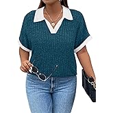 Koscacy Womens Plus Size Tops Short Sleeve Tunic Lapel V Neck Shirts Summer Casual Loose Blouse