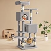 Feandrea Cat Tree, 59.5-Inch Tall Cat Tower, Multi-Level Condo, Light Gray | with 5 Scratching Posts, 2 Perches, 2 Caves, Hammock, 2 Pompoms, 2 Caves for Indoor Cats, Easy to Assemble, UPCT192W01