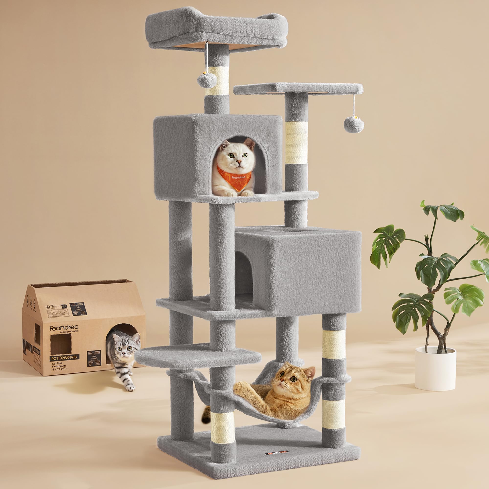 Photo 1 of **PARTS ONLY **Feandrea Cat Tree, 59.5-Inch Tall Cat Tower, Plush Multi-Level Condo with 5 Scratching Posts, 2 Perches, 2 Caves, Hammock, 2 Pompoms, Light Gray UPCT192W01