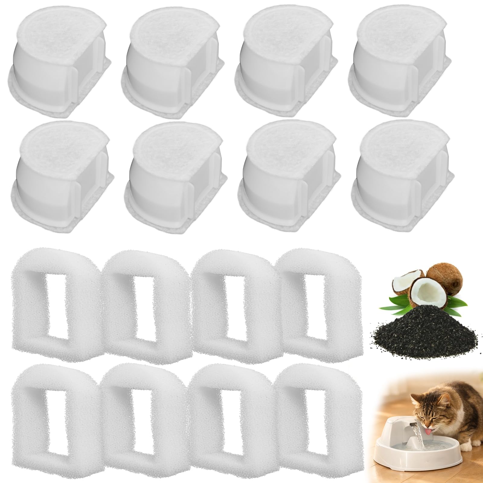 Foam Pre-Filter and Carbon Filter for Petsafe Compatible with Drinkwell Fountain Stainless Steel 360 Avalon, Pagoda Seascape and Sedona Water Bowl, Dog and Cat Pet Water Fountain Prefilters(16 Packs)