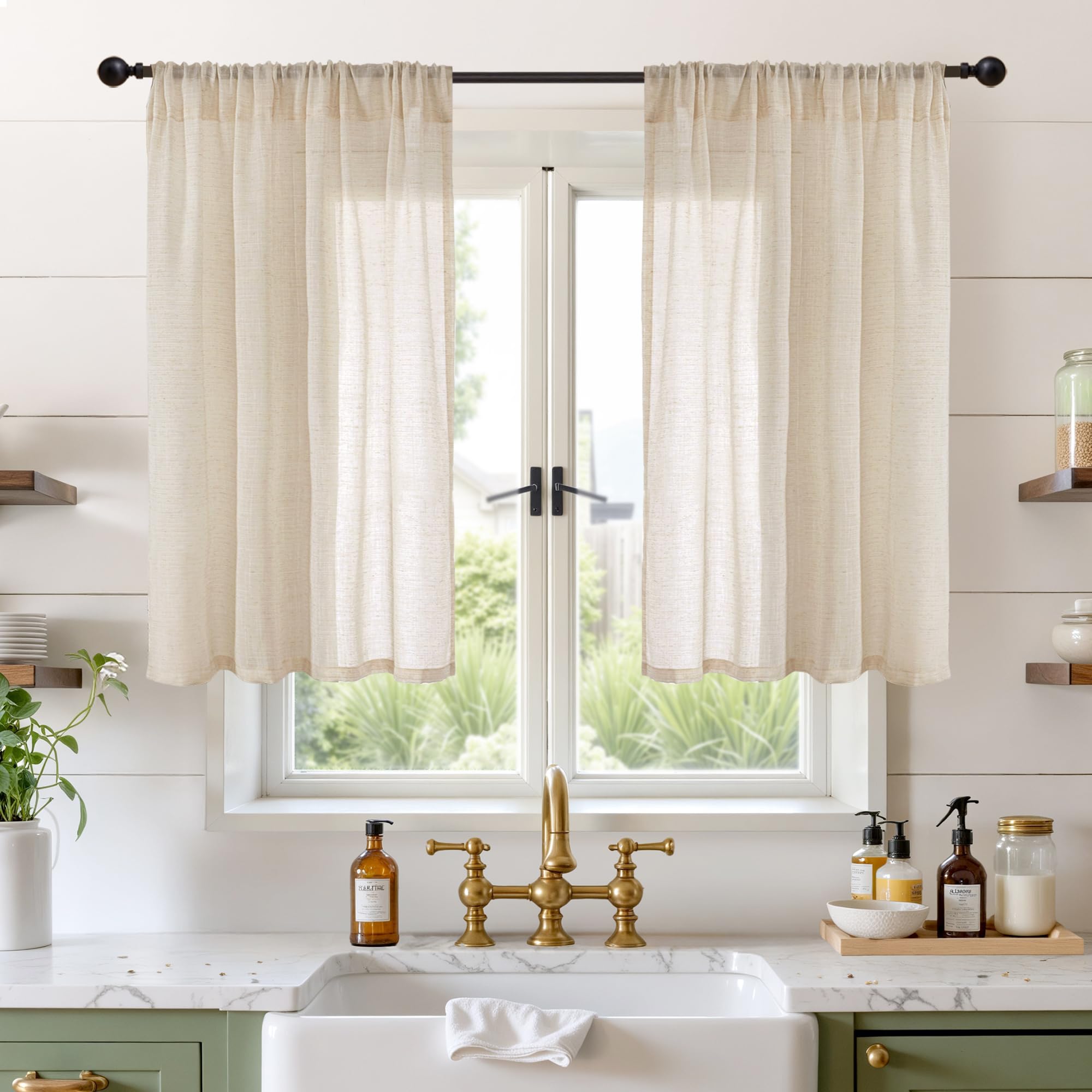 Photo 1 of BGment 40 Inch Length Burlap Linen Curtains for Kitchen Window - Short Semi Sheer Drapes Natural Light Filtering with Rod Pocket for Cafe Bathroom Bedroom Lightweight, 2 Panels Set, 42 X 40 Inch