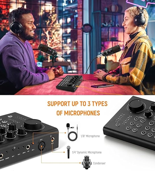 SYNIDO PODCAST EQUIPMENT SOUND CARD, AUDIO INTERFACE MIXER WITH PRO-PREAMP, 48V PHANTOM, 9 CUSTOMIZE SOUND PADS, XLR, 1/4″, 1/8″ INPUTS FOR LIVE STREAMING/MUSIC RECORDING/GAMING/PC/GUITAR, BLACK