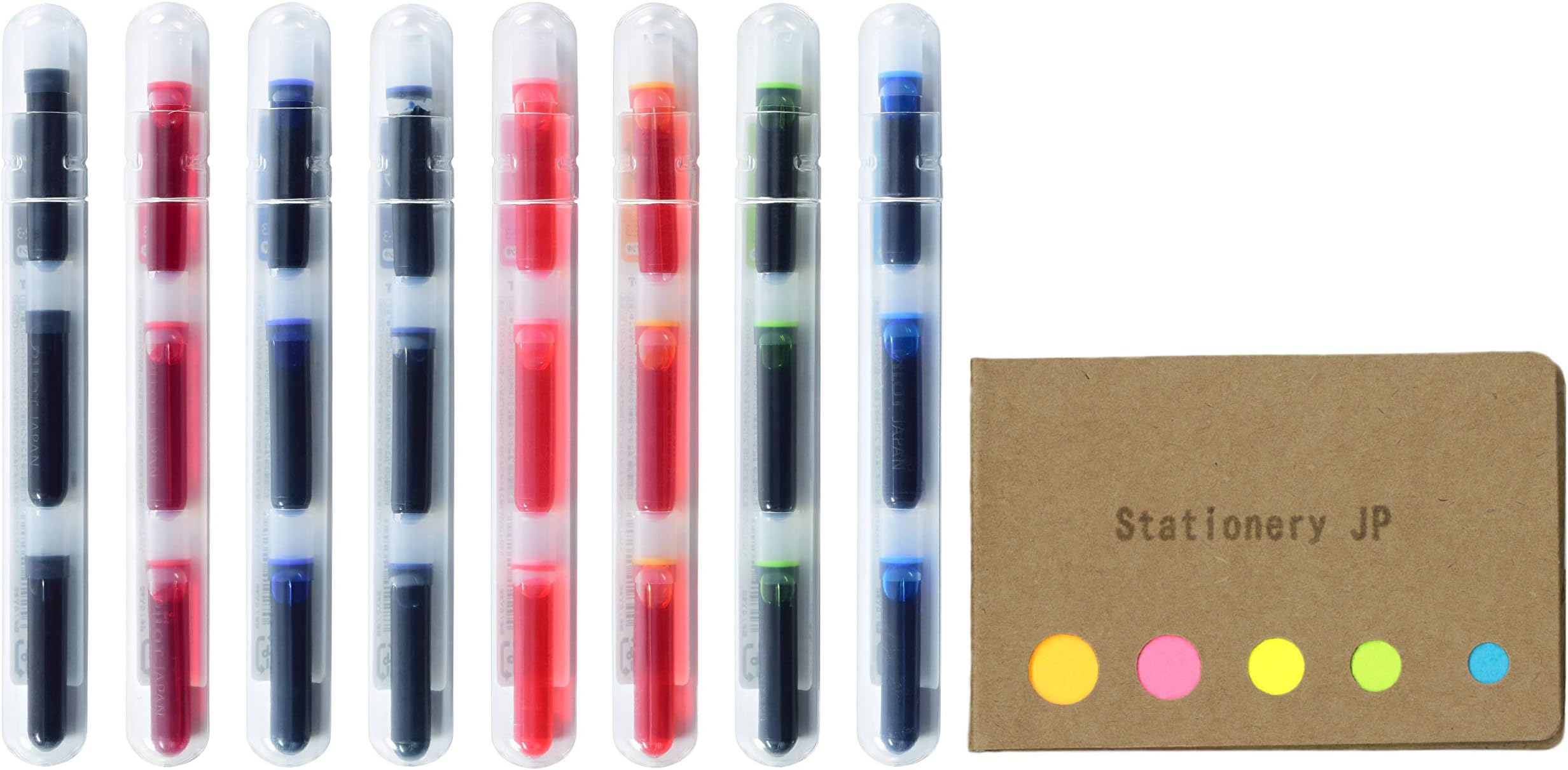 Pilot Petit Refills for Petit Fountain Pen/Sign Pen/Fude Brush Pen, 8 Color(Black/Blue/Red/Blue Black/Pink/Apricot Orange/Apple Green/Clear Blue)Ink, 8 Pack/total 24 Cartridges, Sticky Notes Value Set