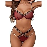 Avidlove Sexy Lingerie Set Mesh See Through Underwire Bra Panty Set Leopard Splice Push Up Lingerie with Chain