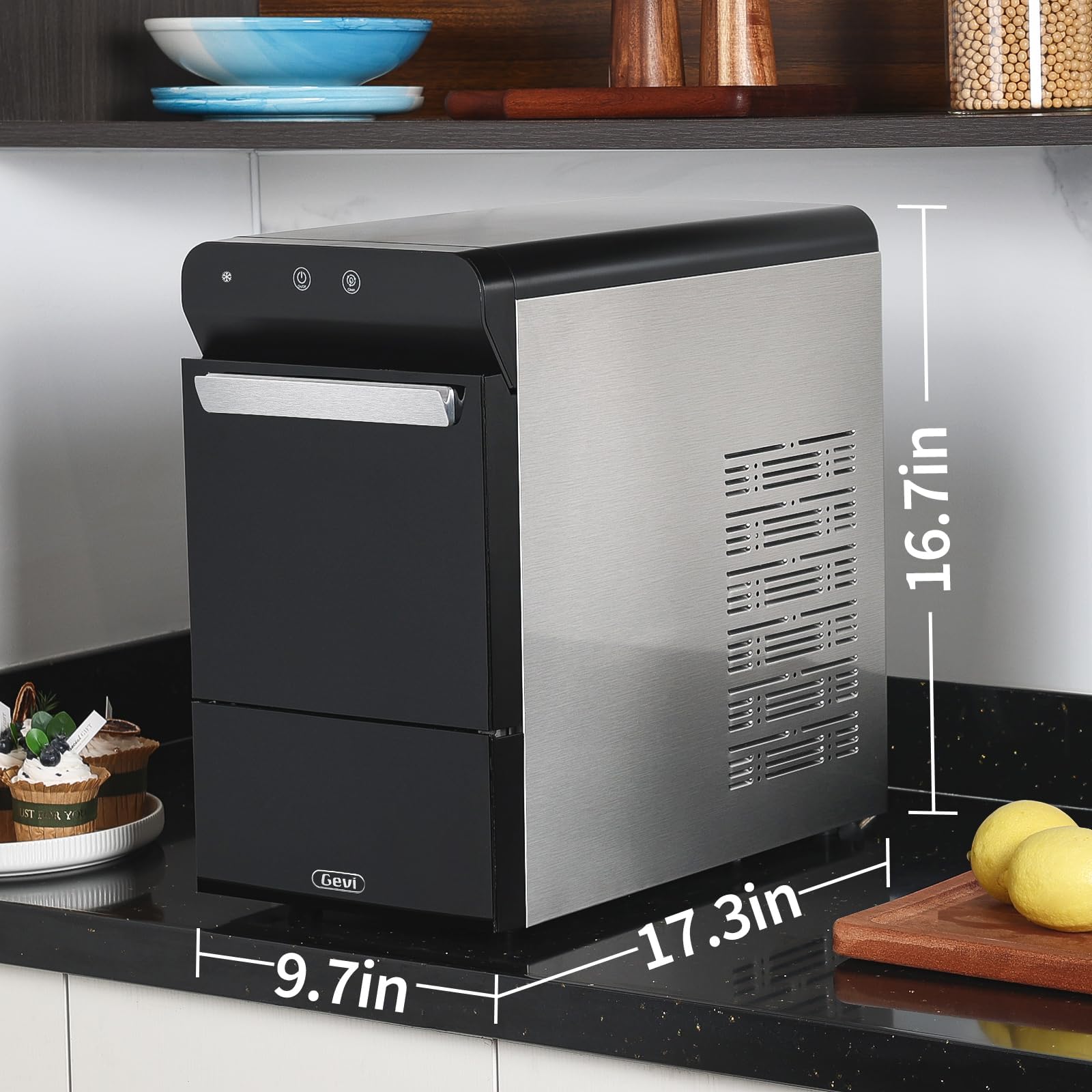 Gevi Household V2.0 Countertop Gemi Nugget Ice Maker Open and Pour Water Refill | Stainless Steel Housing | Fit Under Wall Cabinet | White