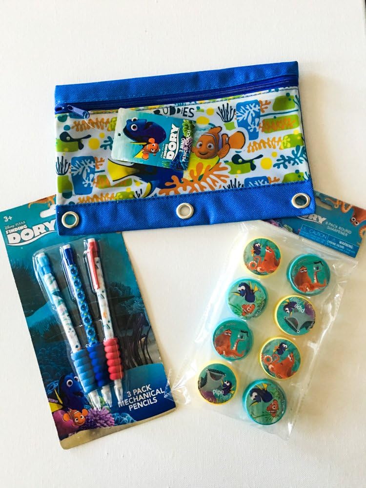 Finding Dory Bundle 3 Ring Pencil Pouch 8 Pack Round Sharpener and 3 Pack Mechanical Pencil