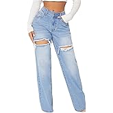 Floerns Women's Straight Leg Ripped Jeans Low Waisted Casual Distressed Denim Pants