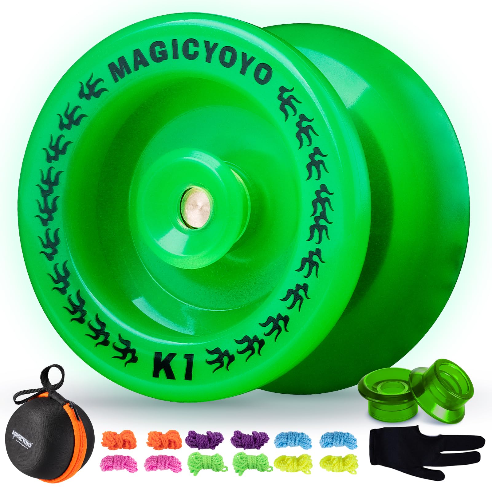 YOSTAR Yoyo K1 Glow Green in the Dark, Responsive Yoyo for Kids and Beginners, Easy Trick Yo Yo for Basic Skills, Plastic Yo-yo with 12 Strings, Case, Glove, 2 Hubstacks