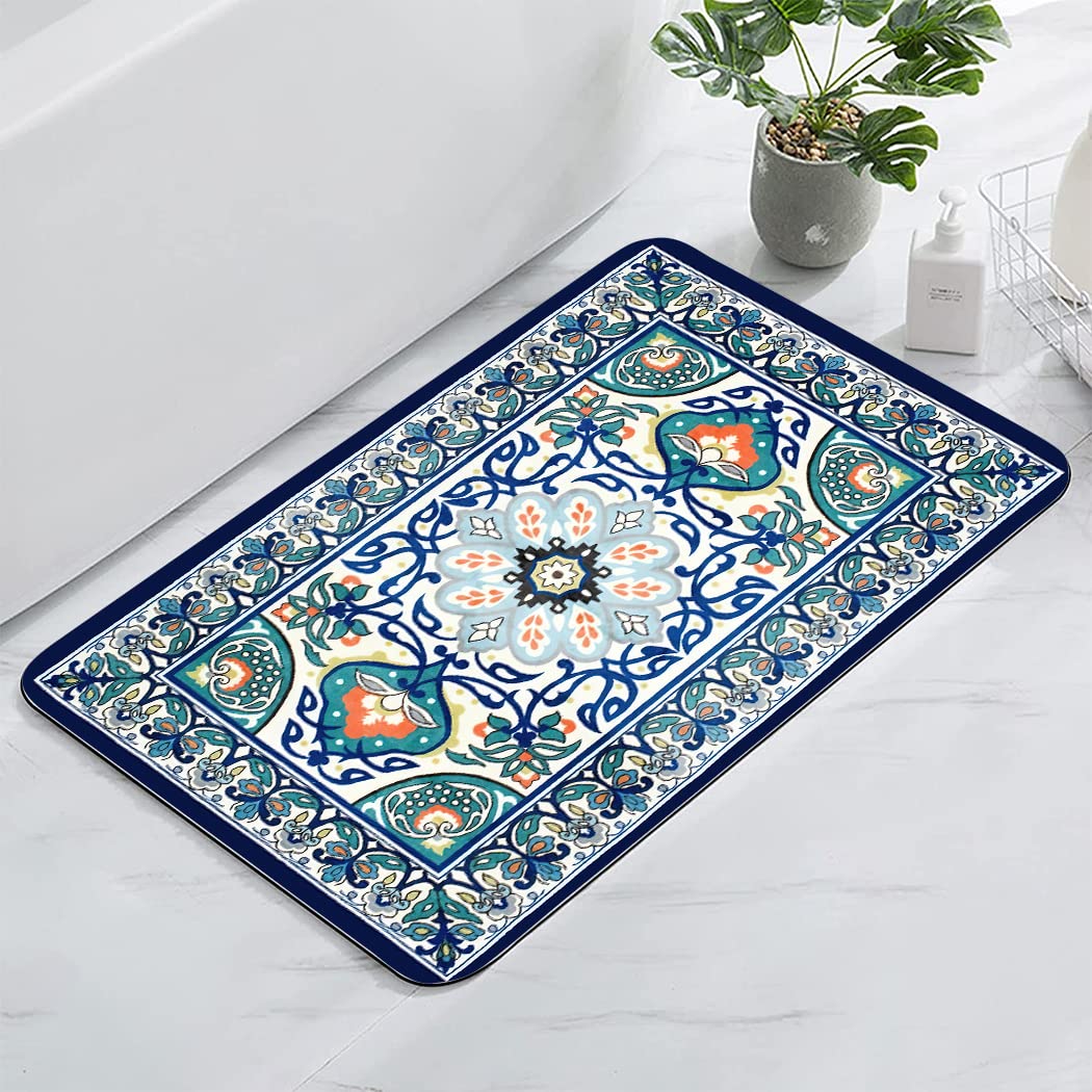 YISUMEI Bathroom Rug,Absorbent Non-Slip Indoor Rugs for Bathtub and Shower Floor,Durable Rubber Backing Print Bath Mat,17"x24",Boho Vintage Green Oriental Floral Medallion Blue Flower