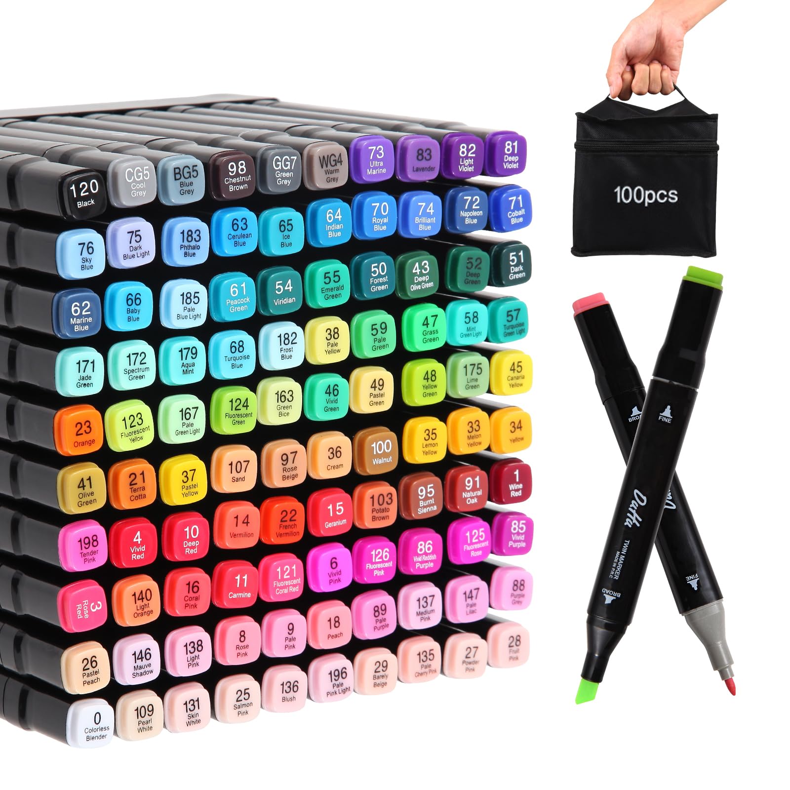 Kebuye 100 Colors Alcohol Markers Set, Dual Tips Blender Art Markers for Drawing Sketching Coloring Artist Pens and Underlining, Professional Permanent Sketch Marker for Kids Adult Coloring