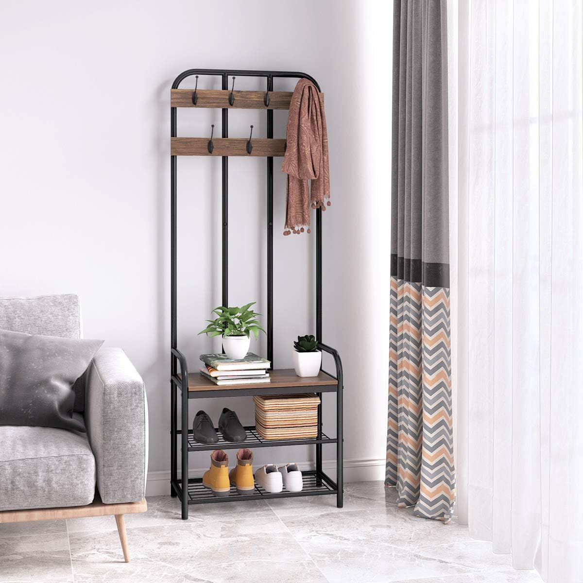3-in-1 Entryway Coat Rack, LANGRIA Vintage Metal and Wood Hall Tree with Storage Bench Shoe Rack Entryway Storage Shelf Organizer for Home Bedroom Office Clothes Hats: Home Improvement